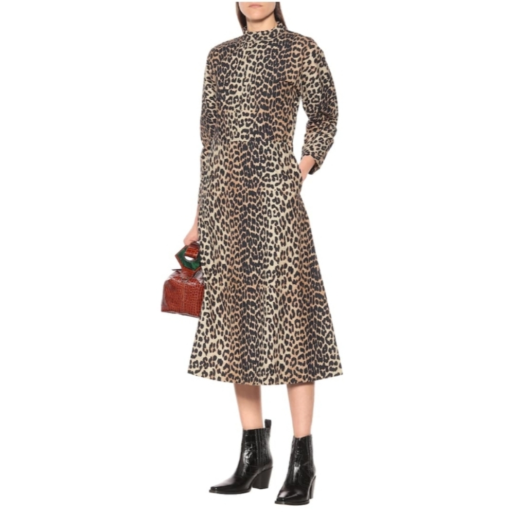 GANNI Leopard cotton midi dress